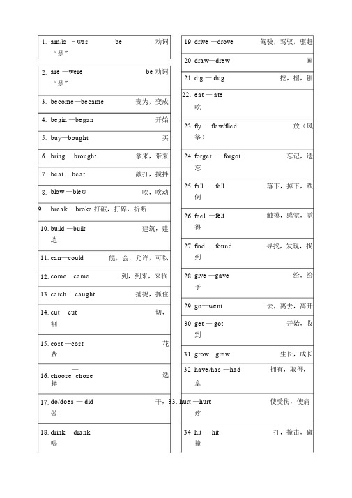 小学英语动词过去式不规则变化表