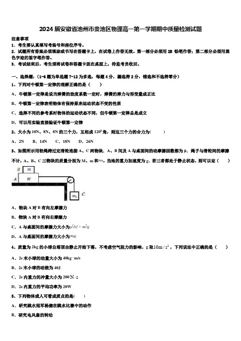 2024届安徽省池州市贵池区物理高一第一学期期中质量检测试题含解析