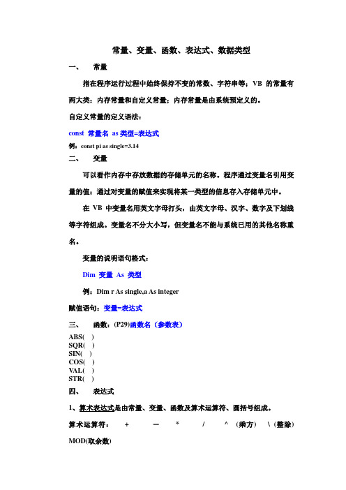 常量、变量、函数、表达式、数据类型