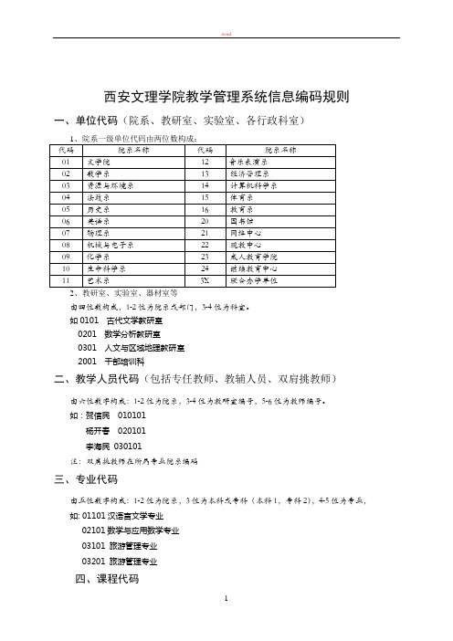 西安文理学院教学管理系统信息编码规则