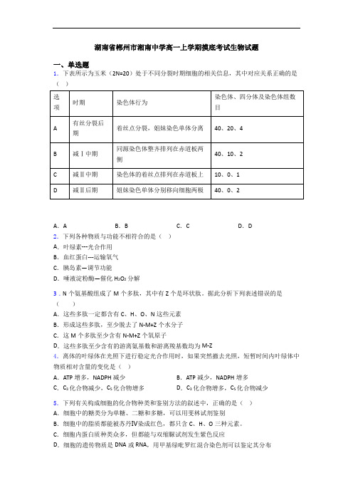 湖南省郴州市湘南中学高一上学期摸底考试生物试题