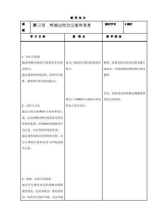 人教版-生物-八年级下册-人教版生物八下 两栖动物的生殖和发育 教学设计