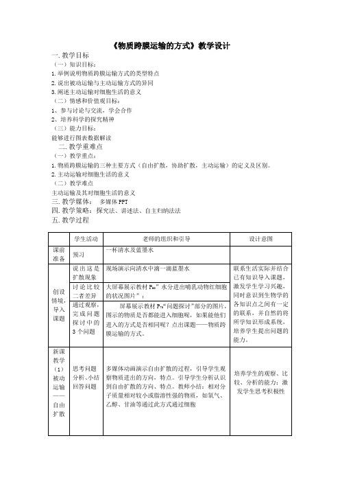 物质跨膜运输的方式 教学设计