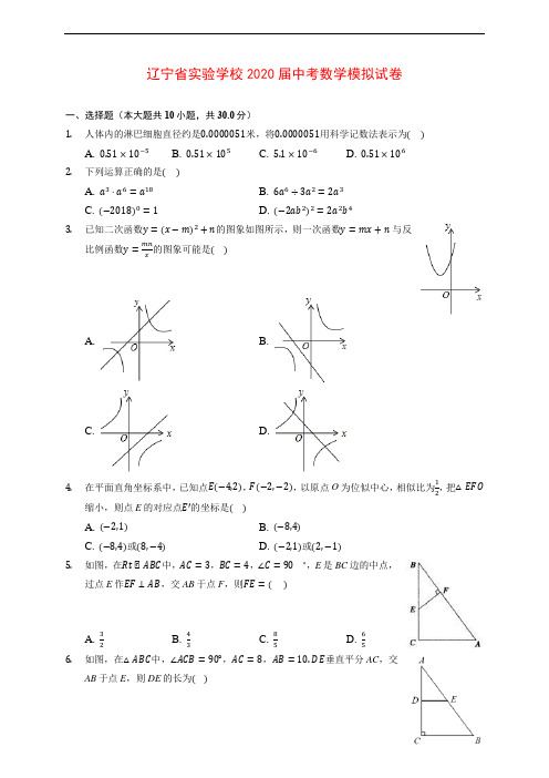 辽宁省实验学校2020届中考数学模拟试卷(含解析)