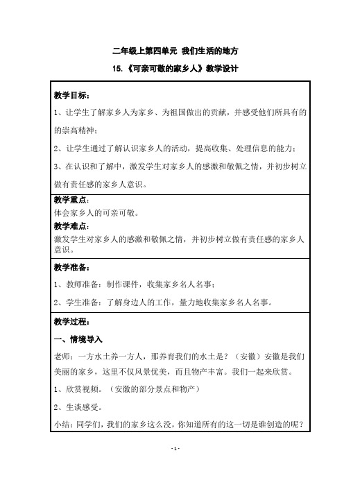 《道德与法治》二年级 15.《可亲可敬的家乡人》教学设计 优质