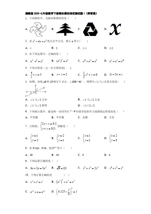 湘教版2020七年级数学下册期末模拟培优测试题1(附答案)