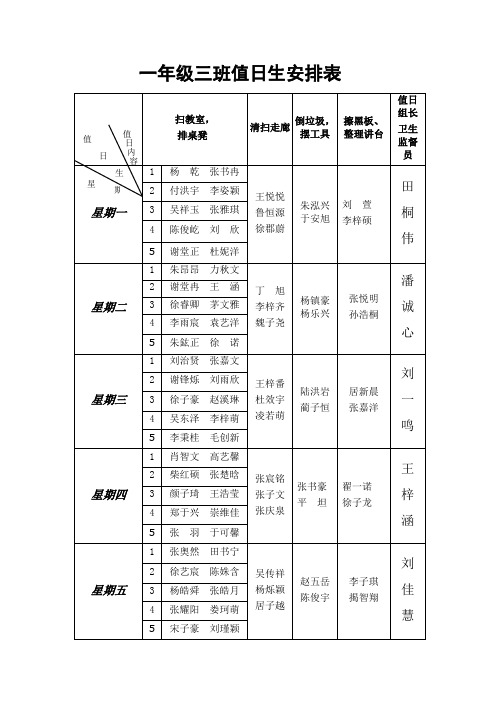 一年级值日表