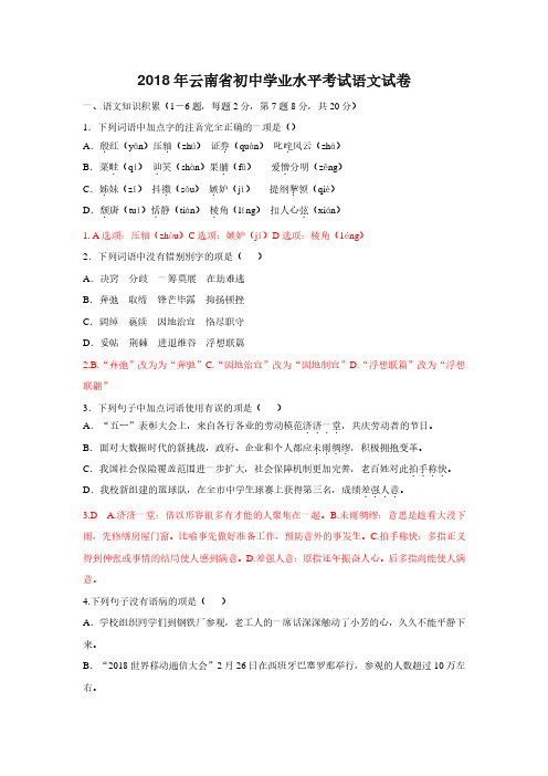 云南省初中中考语文试题(Word版真题试卷,含答案)