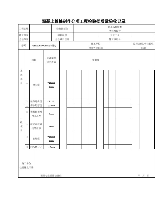 混凝土板桩制作分项工程检验批质量验收记录