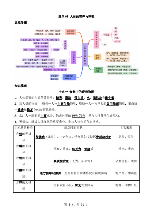 2024中考生物一轮复习知识清单05 人体的营养与呼吸(5大考点+5大高频命题点)