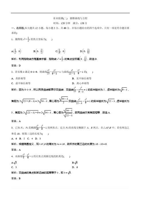 【人教A版】2017-2018学年数学选修1-1优化练习：章末检测(二) 圆锥曲线与方程 Word版含解析