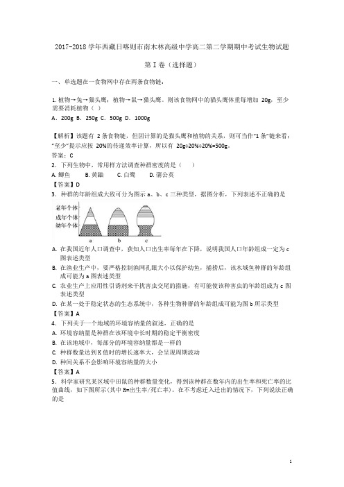 2017-2018学年西藏日喀则市南木林高级中学高二第二学期期中考试生物试题(Word版)