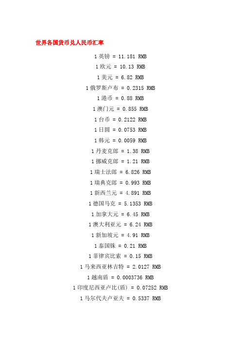 各国货币兑人民币汇率表