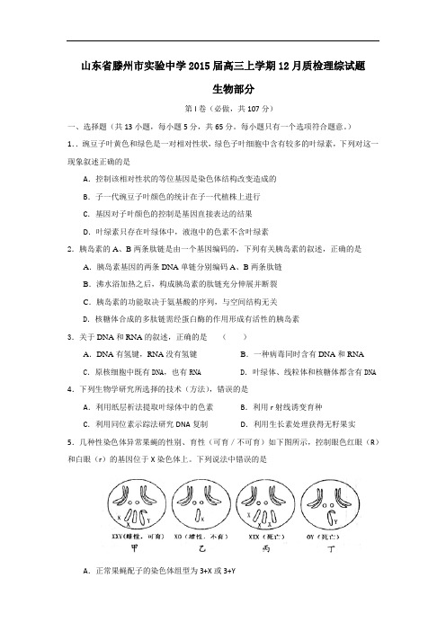 山东省滕州市实验中学2015届高三上学期12月质检理综试题 word版