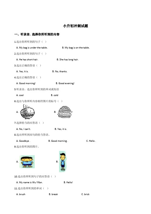 人教 (PEP) 2019-2020年六年级英语小升初毕业模拟试题 含答案 (5)