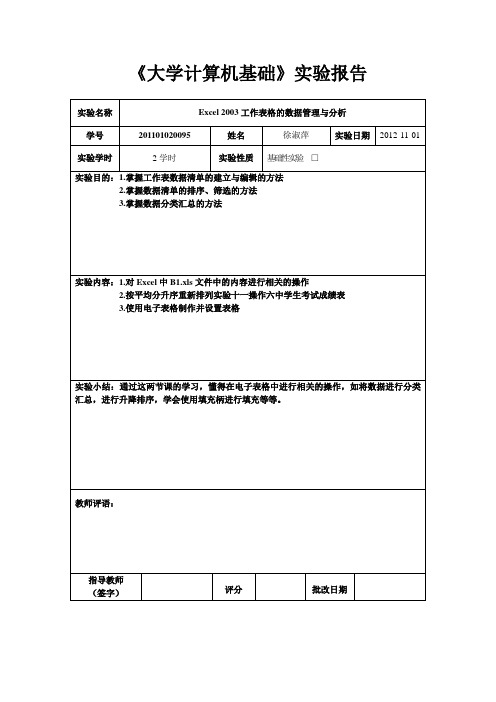 大学计算机基础实验报告(Excel 2003工作表格的数据管理与分析)