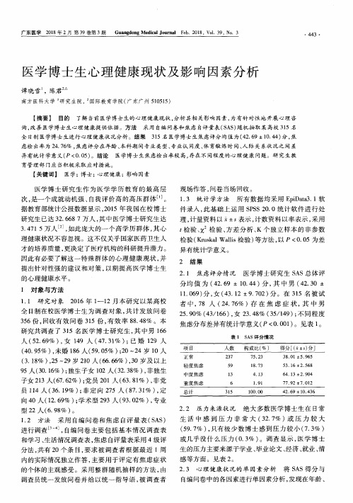 医学博士生心理健康现状及影响因素分析