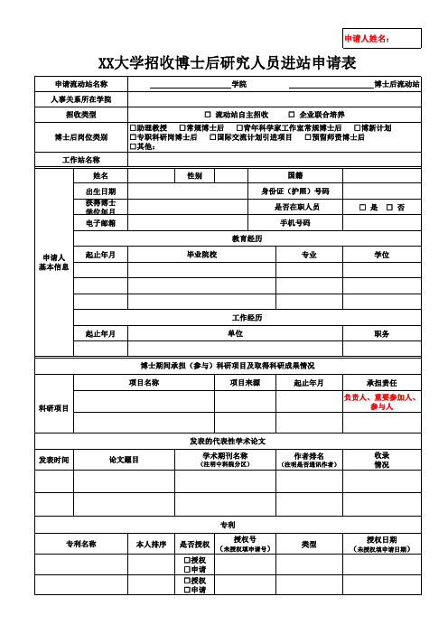 大学招收博士后研究人员进站申请表