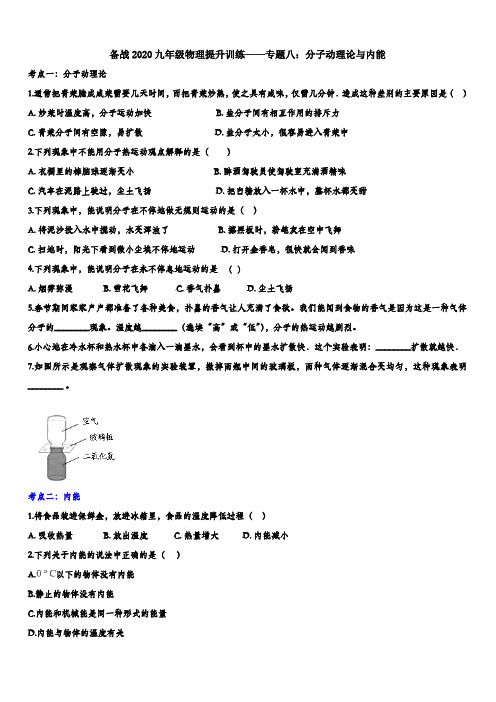 2020九年级物理提升训练——专题八：分子动理论与内能(带答案解析)