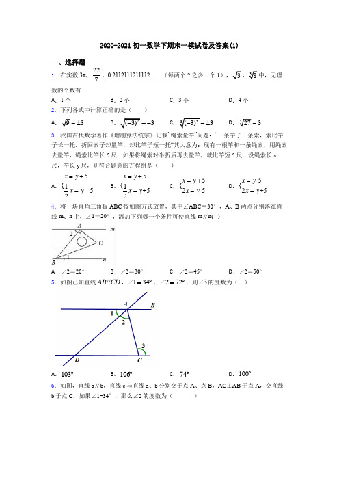 2020-2021初一数学下期末一模试卷及答案(1)