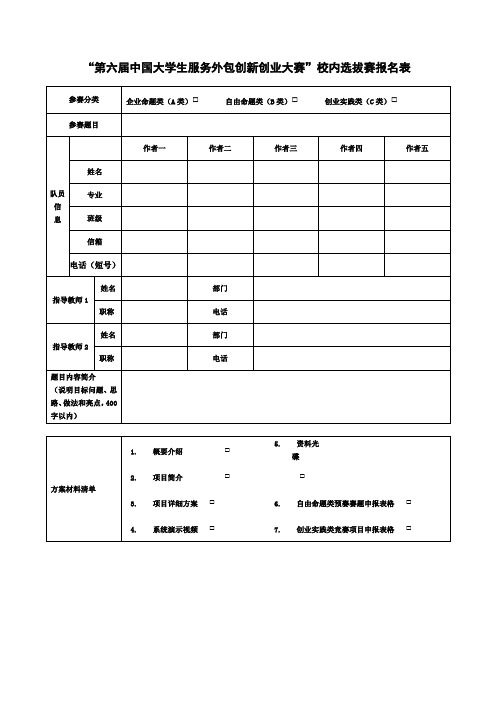 第六届中国大学生服务外包创新创业大赛校内选拔赛报名表