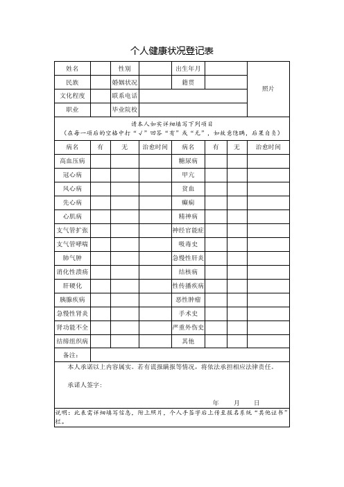 个人健康状况登记表