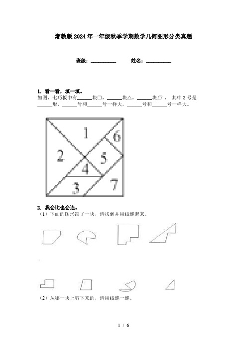 湘教版2024年一年级秋季学期数学几何图形分类真题