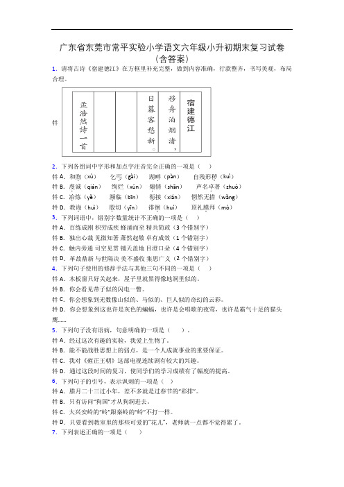 广东省东莞市常平实验小学语文六年级小升初期末复习试卷(含答案)