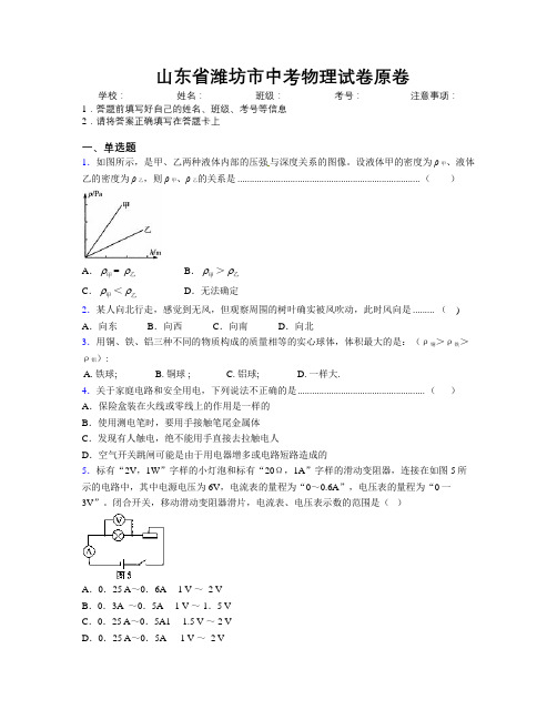 最新山东省潍坊市中考物理试卷原卷及解析