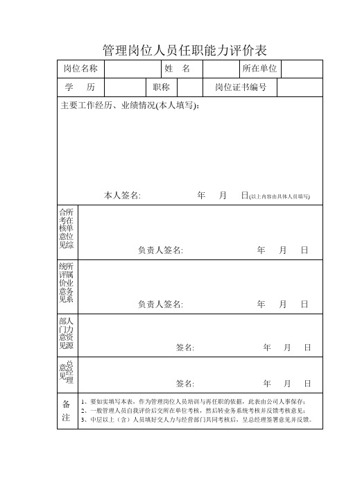 管理岗位人员任职能力评价表