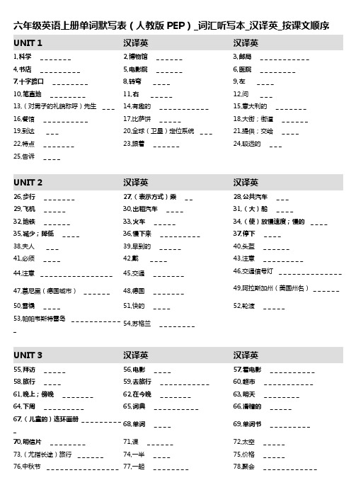 1,六年级英语上册单词默写表(人教版PEP)_词汇听写本_汉译英_按课文顺序