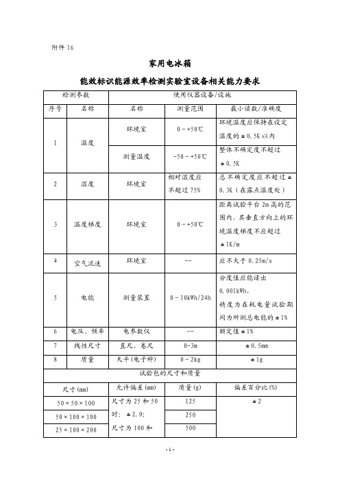 电冰箱 能源效率检测实验室设备相关能力要求