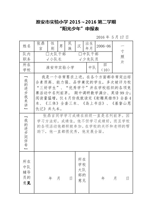 阳光少年申报表