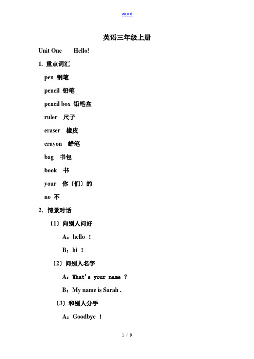 英语三年级上册重难点知识总结材料