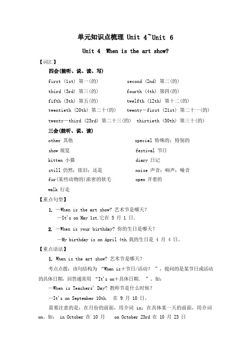 五年级下册英语单元知识点梳理Unit 4～Unit 6 人教PEP