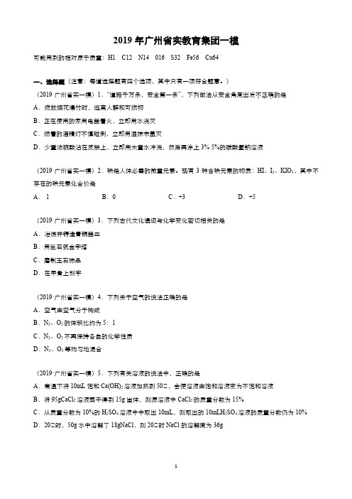 2019年广东省实教育集团初三一模联考化学试卷(word版)