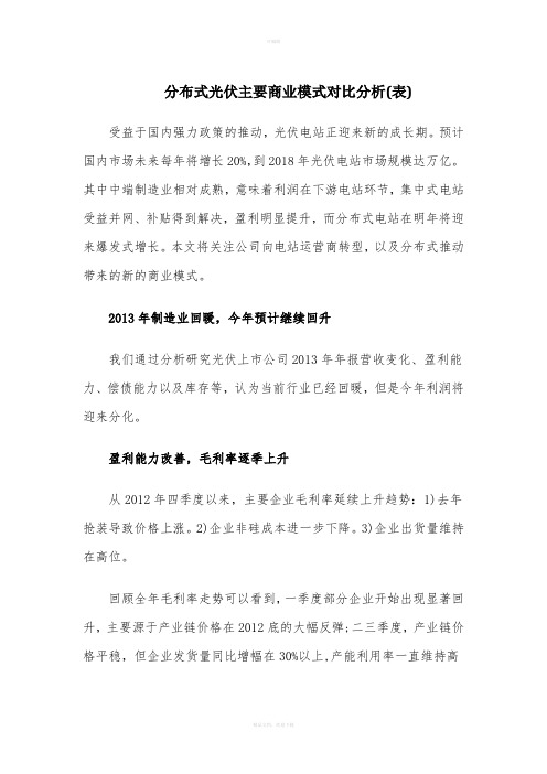 分布式光伏主要商业模式对比分析(表)