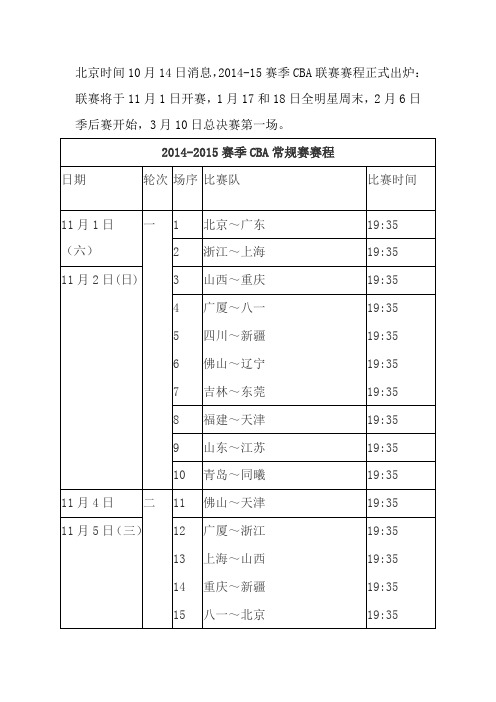 2014--2015cba赛程