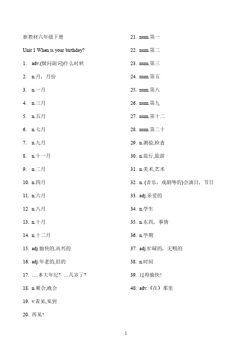 鲁教版英语六年级下册单词默写版