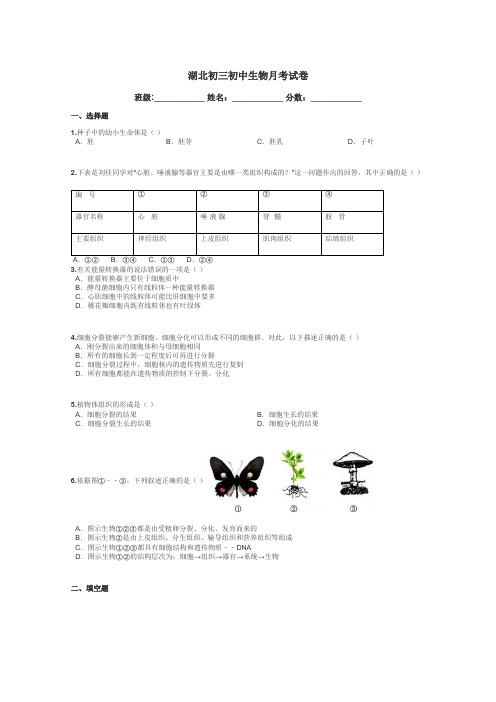 湖北初三初中生物月考试卷带答案解析
