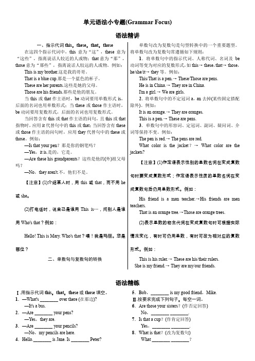 人教版七年级英语上册Unit 2同步练习题及答案单元语法小专题(Grammar Focus)