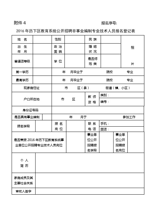 4. 2016年历下区教育系统公开招聘非事业编制专业技术人员报名登记表q