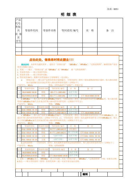 机械制造、装配行业质量管理控制计划、FMEA、过程流程图明细表模板