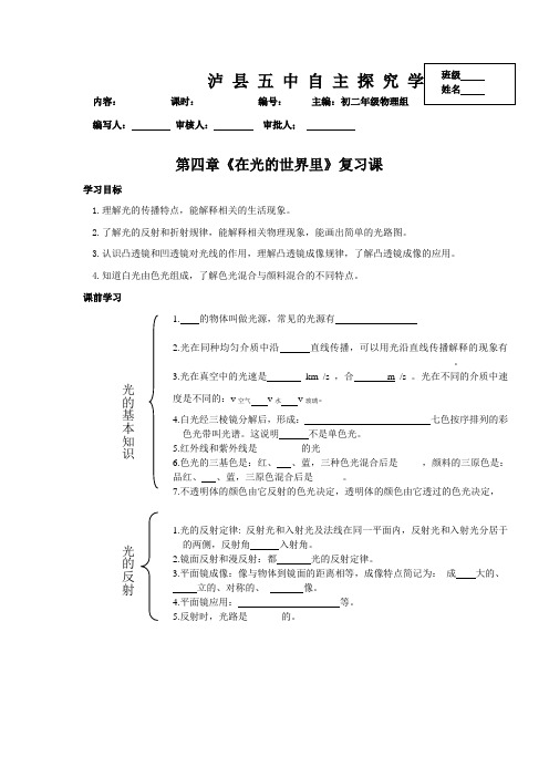 河北省承德市高新区上板城初级中学教科版八年级物理上册导学案设计：第四章《在光的世界里》复习课