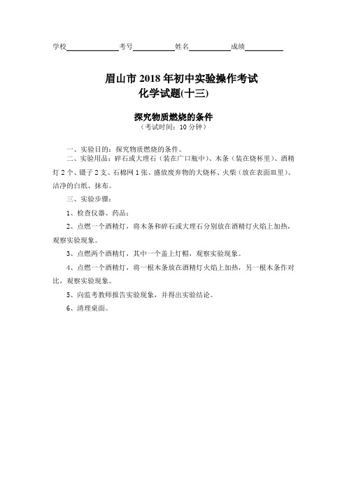 眉山市2018年初中实验操作考试 探究物质燃烧的条件