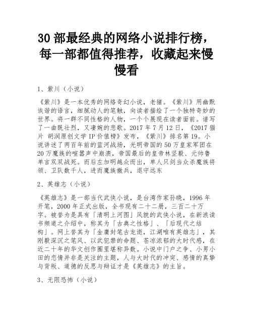 30部最经典的网络小说排行榜,每一部都值得推荐,收藏起来慢慢看