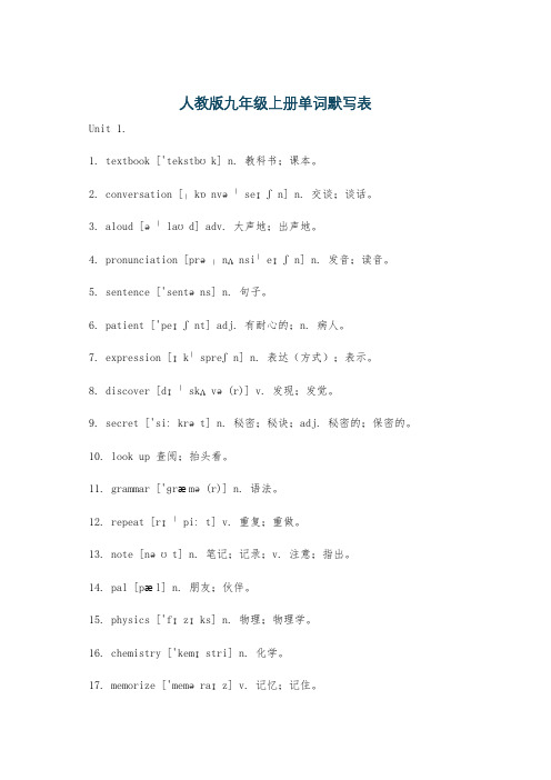 人教版九年级上册单词默写表