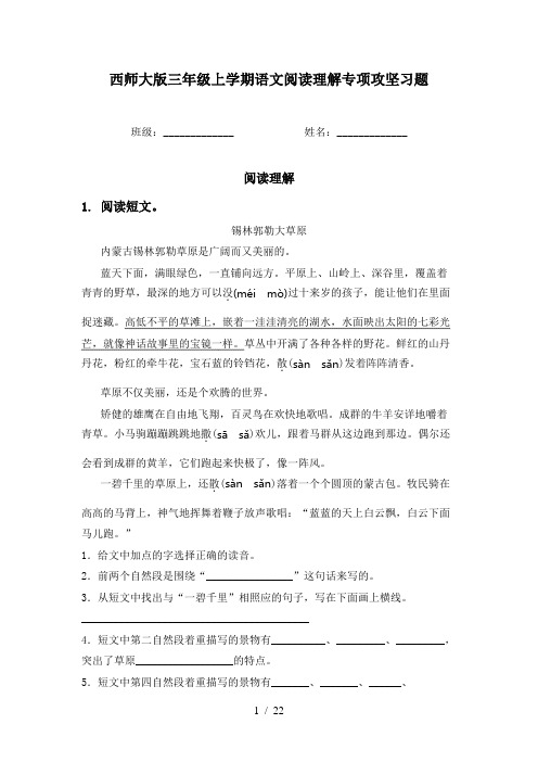 西师大版三年级上学期语文阅读理解专项攻坚习题