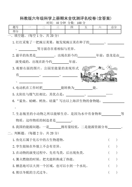 科教版六年级科学上册期末全优测评名校卷(含答案)