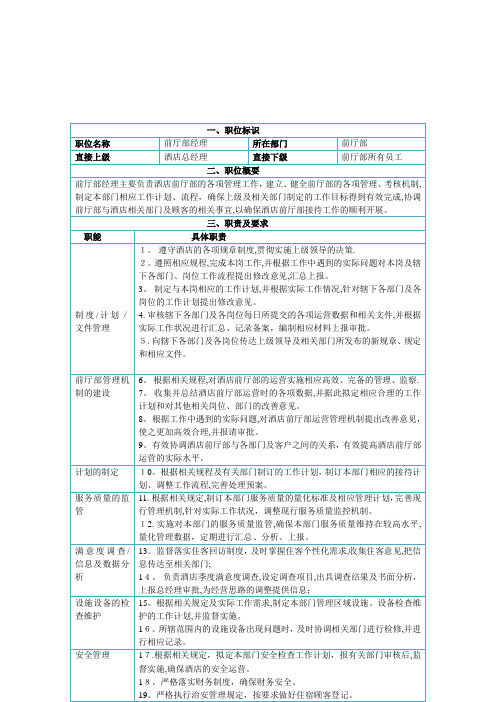 前厅部经理职位说明书